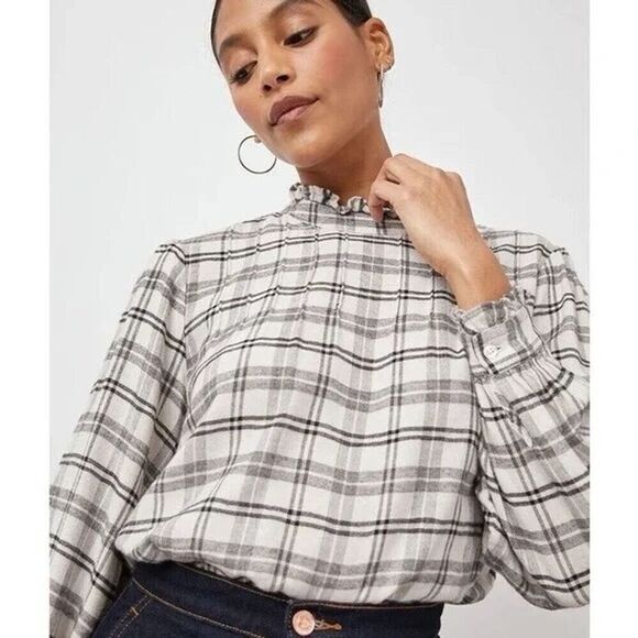 Rails Women's Plaid Ruffle Neck Blouse Ivory Onyx Size M Long Sleeve - Picture 4 of 8